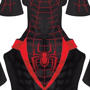 May include: A black fabric garment piece featuring a textured honeycomb pattern and a prominent red spider emblem centered on the chest. The design includes a red web pattern radiating from the spider, with additional red web accents on the shoulders.