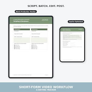 May include: A digital short-form video workflow and editing tracker document featuring two pages. The left page is titled Scripting & Storyboard with sections for two storyboards. The right page is titled Editing & Optimization with checklists.