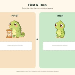 May include: A First & Then visual schedule board featuring a light green cartoon dinosaur. The left side is labeled FIRST with an hourglass, and the right side is labeled THEN. Both sections include a dashed rectangular box with the text write or clip a picture card here.