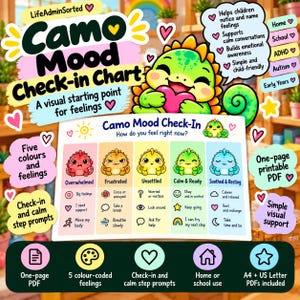 May include: A Camo Mood Check-in Chart featuring a green cartoon chameleon holding a heart. The chart displays five color-coded columns with chameleon illustrations representing feelings: Overwhelmed, Frustrated, Unsettled, Calm & Ready, and Soothed & Resting, each with corresponding calming prompts and icons.