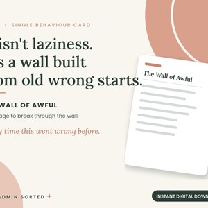 May include: A digital card featuring the text ADHD, Single Behaviour Card, and the quote: It isn't laziness. It's a wall built from old wrong starts. The Wall of Awful, One page to break through the wall. Every time this went wrong before. A white document icon labeled The Wall of Awful is displayed on a cream background with terracotta circles.