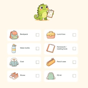 Op de afbeelding: Een checklist getiteld Am I Ready to Learn? met een groene cartoon-dinosaurus die een klembord vasthoudt. De lijst bevat iconen en labels voor een rugzak, lunchbox, waterfles, huiswerk, leesboek, jas, etui, schoenen en gymtas.