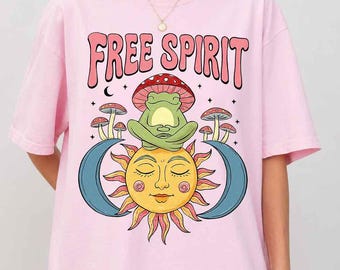 Free Spirit Frog Shirt, Cottagecore Graphic Tee, Mushroom Shirt, Sun Moon Tee, Nature Lover Shirt, Boho Frog Shirt, Vintage Botanical Tee