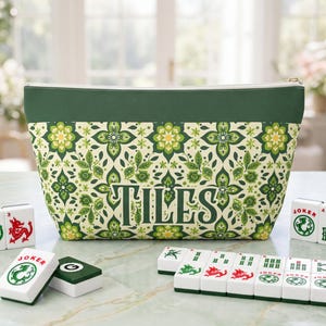 Grön Mahjong-väska | Retro amerikansk Mahj Jong-kakelpåse | Vintage blommiga Maahj-tillbehör