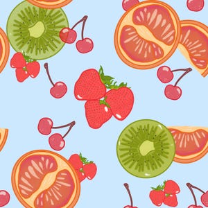 Hand-Drawn Fruit Pattern, Cherries Kiwi Orange Strawberry Seamless PNG (Digital Download)
