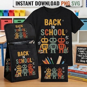 May include: A black t-shirt, lunch bag, pencil pouch, and water bottle set featuring a graphic of three robots with the text BACK TO SCHOOL. The robots are yellow, teal, and orange, accompanied by books, a backpack, and academic symbols.