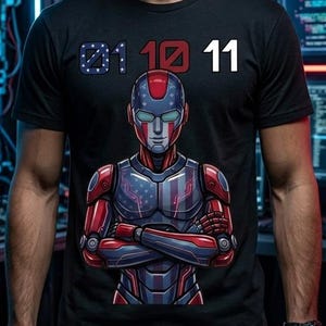 Peut inclure: Un t-shirt noir à manches courtes avec le motif d'une figure robotique en armure rouge, blanche et bleue ornée d'étoiles et de rayures. Au-dessus de la figure, les chiffres 01, 10 et 11 sont imprimés en bleu, rouge et blanc.