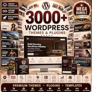 May include: A digital marketing graphic for a 3000+ WordPress themes and plugins mega bundle. The image features a central computer monitor, tablet, and smartphone displaying website templates, surrounded by various business category icons.