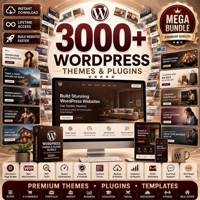 Peut inclure: Un graphique marketing num&eacute;rique pour un m&eacute;ga pack de plus de 3000 th&egrave;mes et plugins WordPress. L'image pr&eacute;sente un &eacute;cran d'ordinateur central, une tablette et un smartphone affichant des mod&egrave;les de sites web, entour&eacute;s d'ic&ocirc;nes vari&eacute;es.