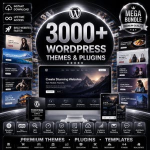 Peut inclure: Une publicit&eacute; pour un pack num&eacute;rique de plus de 3000 th&egrave;mes et extensions WordPress. L'image pr&eacute;sente un &eacute;cran d'ordinateur central affichant un site web, entour&eacute; de divers mod&egrave;les de sites, d'ic&ocirc;nes pour des fonctionnalit&eacute;s comme le r&eacute;f&eacute;rencement et la s&eacute;curit&eacute;, ainsi que des mentions de t&eacute;l&eacute;chargement instantan&eacute; et d'acc&egrave;s &agrave; vie.