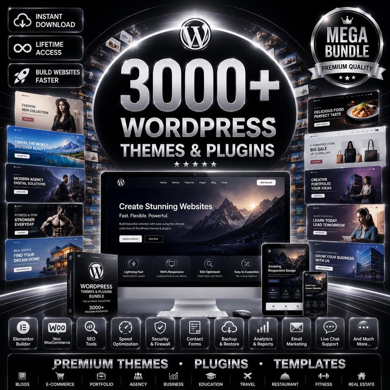 Peut inclure: Une publicit&eacute; pour un pack num&eacute;rique de plus de 3000 th&egrave;mes et extensions WordPress. L'image pr&eacute;sente un &eacute;cran d'ordinateur central affichant un site web, entour&eacute; de divers mod&egrave;les de sites, d'ic&ocirc;nes pour des fonctionnalit&eacute;s comme le r&eacute;f&eacute;rencement et la s&eacute;curit&eacute;, ainsi que des mentions de t&eacute;l&eacute;chargement instantan&eacute; et d'acc&egrave;s &agrave; vie.