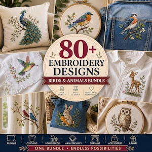 Puede incluir: Una colección digital de más de 80 diseños de bordado con aves y animales. El paquete incluye patrones de pavo real, azulejo, colibrí, ciervo, conejo y búho, mostrados en cojines, chaquetas de mezclilla, camisas, cortinas y bastidores.