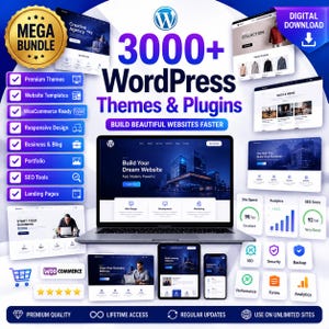 Peut inclure: Un ensemble num&eacute;rique de 3000+ th&egrave;mes et plugins WordPress comprenant un ordinateur portable, une tablette et un smartphone affichant des mod&egrave;les de sites web. Le graphique inclut du texte comme Mega Bundle et Digital Download.