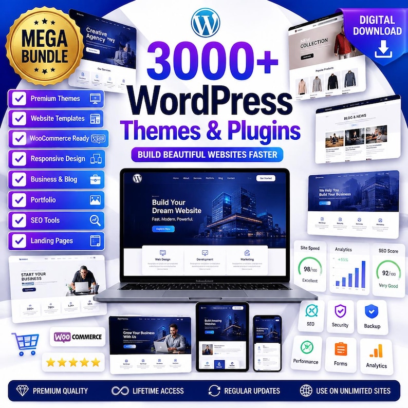 Peut inclure: Un ensemble num&eacute;rique de 3000+ th&egrave;mes et plugins WordPress comprenant un ordinateur portable, une tablette et un smartphone affichant des mod&egrave;les de sites web. Le graphique inclut du texte comme Mega Bundle et Digital Download.