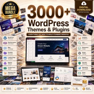 Peut inclure: Un pack de t&eacute;l&eacute;chargement num&eacute;rique comprenant plus de 3000 th&egrave;mes et extensions WordPress. L'image montre un ordinateur portable, une tablette et un smartphone affichant des interfaces web, entour&eacute;s de miniatures de sites.