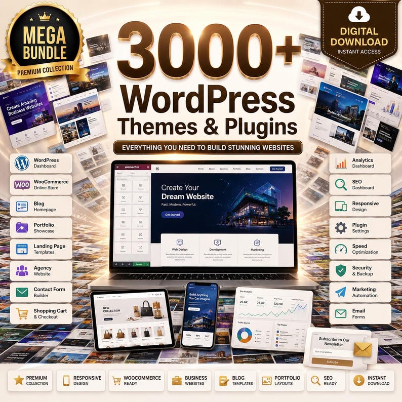 Peut inclure: Un pack de t&eacute;l&eacute;chargement num&eacute;rique comprenant plus de 3000 th&egrave;mes et extensions WordPress. L'image montre un ordinateur portable, une tablette et un smartphone affichant des interfaces web, entour&eacute;s de miniatures de sites.