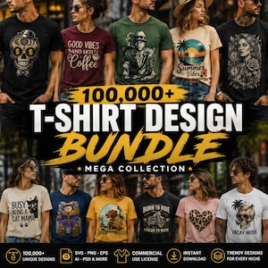 Puede incluir: Una colección digital de más de 100.000 diseños de camisetas con diversos estampados gráficos en camisetas de varios colores. El paquete incluye ilustraciones de calaveras, temas de café, figuras vintage, escenas de playa, gatos y corazones.