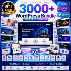 Peut inclure: Une publicit&eacute; pour un pack de 3000+ th&egrave;mes WordPress affichant un &eacute;cran d'ordinateur avec des mod&egrave;les de sites web, entour&eacute; de maquettes d'appareils, d'ic&ocirc;nes de fonctionnalit&eacute;s et de textes incluant Instant Download.
