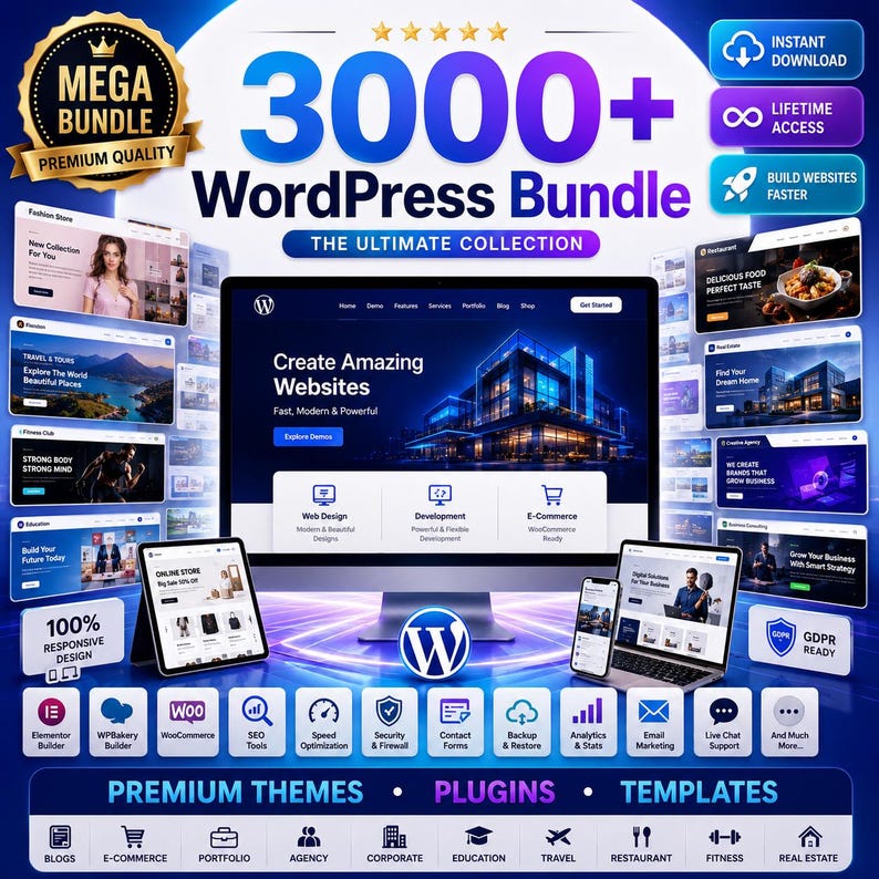 Peut inclure: Une publicit&eacute; pour un pack de 3000+ th&egrave;mes WordPress affichant un &eacute;cran d'ordinateur avec des mod&egrave;les de sites web, entour&eacute; de maquettes d'appareils, d'ic&ocirc;nes de fonctionnalit&eacute;s et de textes incluant Instant Download.