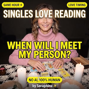 May include: A pink turtleneck sweater worn by a person with tarot cards spread on a lace tablecloth. Text reads: SAME HOUR, LOVE TIMING, SINGLES LOVE READING, WHEN WILL I MEET MY PERSON?, NO AI, 100% HUMAN, by Seraphina. White candles are present.