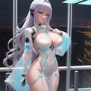 May include: A character with long white hair and green eyes wearing a white form-fitting outfit with teal accents and robotic arm components. The attire features a high neckline, cut-out details, and sheer sleeves, set against a dark city skyline.