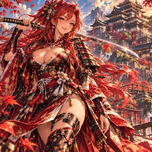 May include: A character with long red hair wearing a red and black patterned kimono-style outfit with armour plating on the shoulders and legs. The character holds a katana over their shoulder, set against a backdrop of a Japanese castle and waterfalls.