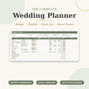May include: A digital wedding planner Excel template featuring a budget tracker spreadsheet. The document includes sections for budget, timeline, guest list, and menu choices. The interface displays columns for category, vendor, status, and costs in pounds.