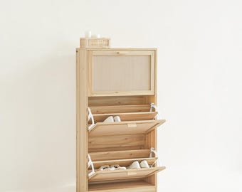 Narrow Shoe Cabinet Wooden Shoe Storage Cabinet with 3 Flip Drawers 6 Tier Shoe Rack for Entryway Hallway