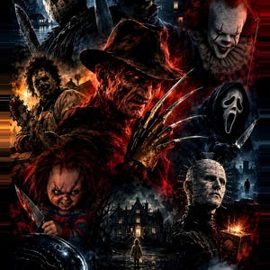 Puede incluir: Un póster cinematográfico oscuro que presenta personajes de terror icónicos, incluyendo una figura con máscara de hockey, un hombre con sombrero y dedos de cuchilla, un payaso con un globo rojo, una motosierra, un fantasma enmascarado y una muñeca.