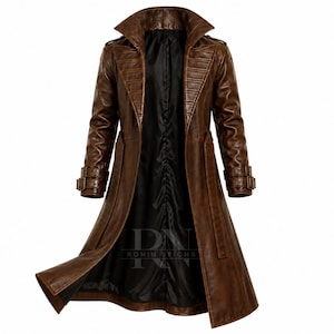 May include: A long brown leather coat featuring a wide collar, structured shoulder detailing, and adjustable buckled straps on the cuffs. The interior is lined with black fabric, and the logo RONIN STITCHS is visible on the lower inner lining.