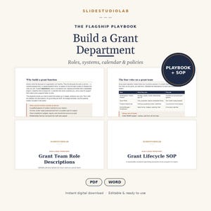 Könnte beinhalten: Der digitale Leitfaden The Flagship Playbook Build a Grant Department enthält Rollen, Systeme, Kalender und Richtlinien. Er bietet Abschnitte zu Zuschussfunktionen, Teamrollen und SOPs, verfügbar in PDF- und Word-Formaten zum Download.