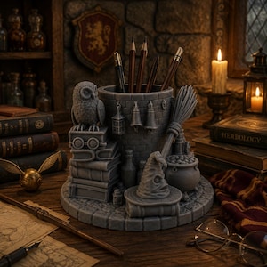May include: A gray desk organizer shaped like a stone tower, featuring a sculpted owl perched on a stack of books, a broomstick, a cauldron, and a pointed hat. The cylindrical container holds several pencils and pens on a circular base.