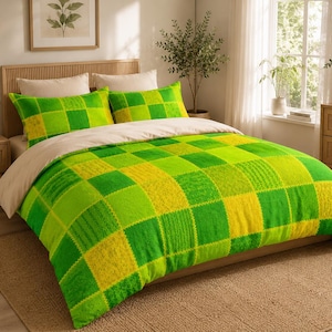 Green & Yellow Patchwork Duvet Cover | Checkerboard Geometric Microfiber Bedding