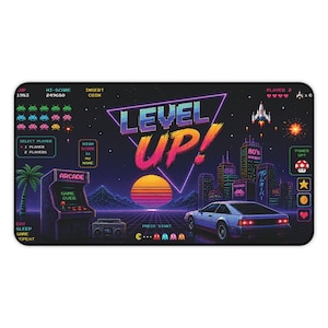 Level Up Retro Arcade desk mat | Gaming Mouse Pad, Vaporwave Synthwave
