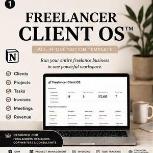 Puede incluir: Una plantilla digital de Notion titulada Freelancer Client OS mostrada en la pantalla de una computadora portátil. La interfaz incluye secciones para clientes, proyectos, tareas, facturas, reuniones e ingresos, con un centro de mando y panel financiero.