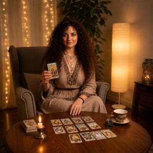 May include: A person with long curly hair wearing a beige dress and layered necklaces holds a tarot card. On a round wooden table, a lit candle in a brass holder sits beside a deck of tarot cards, a ceramic cup on a saucer, and several tarot cards.