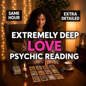 Könnte beinhalten: Eine Werbeanzeige für einen Wahrsagedienst mit dem Text SAME HOUR, EXTRA DETAILED, EXTREMELY DEEP LOVE PSYCHIC READING. Eine Person sitzt an einem runden Holztisch mit einem Tarotkartendeck, einer brennenden Kerze und einer Teetasse.