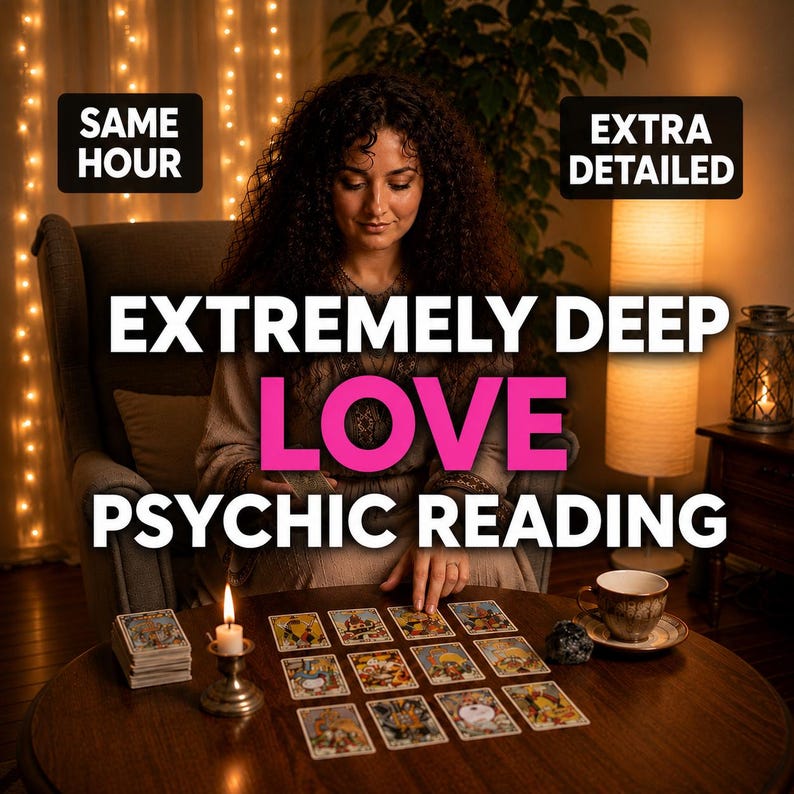 May include: A psychic reading service advertisement featuring the text SAME HOUR, EXTRA DETAILED, EXTREMELY DEEP LOVE PSYCHIC READING. A person sits at a round wooden table with a deck of tarot cards, a lit candle, and a teacup, performing a card reading.