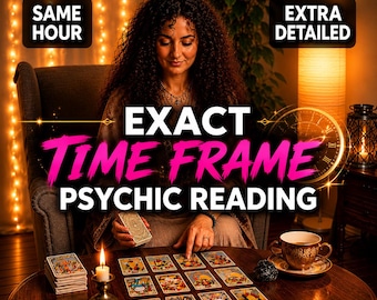 May include: A psychic reading service advertisement featuring the text SAME HOUR, EXTRA DETAILED, and EXACT TIME FRAME PSYCHIC READING. A person sits at a round wooden table with a deck of tarot cards, a lit candle in a brass holder, and a teacup.