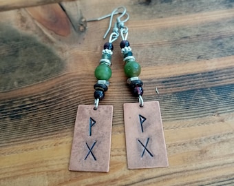 Good Luck Earrings with Nephrite Jade, Red Garnet, Moss Agate & Viking Runes | Viking Rune Earrings | Viking Jewellery | Crystals and Runes