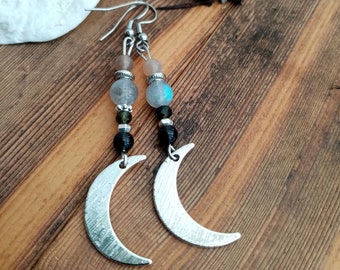 Dark Moon Earrings with Black Moonstone, Labradorite & Black Obsidian | Lunar Jewellery | Dark Moon Jewellery | Triple Goddess Earrings