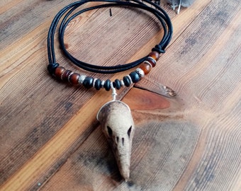 Crow Medicine Necklace with Tribal Beads | Shamanic Crow Skull Necklace | Leather Tribal Necklace | Crow Energy Necklace | Shamanic Jewelery