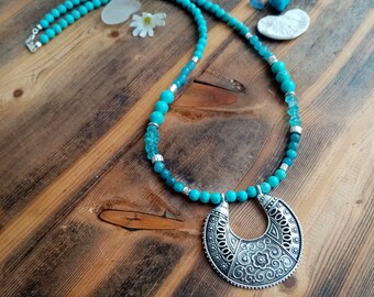 Boho Gypsy Necklace with Turquoise, Blue Jade & Apatite Crystal Beads | Energy Purifying Necklace | Natural  Turquoise Jewellery