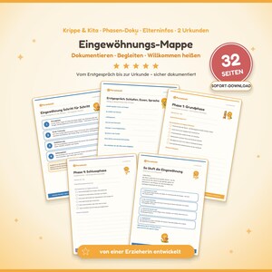 May include: A digital document set titled Eingewöhnungs-Mappe for daycare orientation, featuring 32 pages of forms, checklists, and certificates. The pages include headers like Phase 1: Grundphase and Phase 4: Schlussphase with a lion mascot icon.