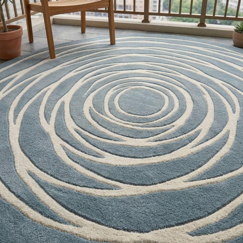 Hand Tufted Round Blue Rug, Modern Organic Wave Circle Area Rug, Soft ...