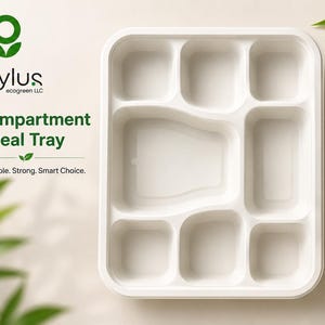 May include: A white rectangular meal tray featuring eight distinct compartments of varying sizes. The text "oxylus ecogreen LLC", "8 Compartment Meal Tray", and "Sustainable. Strong. Smart Choice." is printed in green on the left side of the tray.