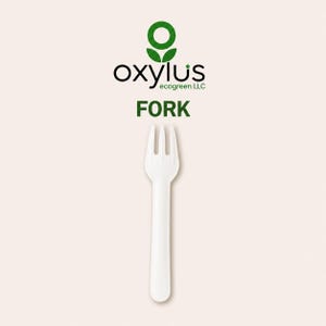 Op de afbeelding: Een witte vork met drie tanden onder de groene tekst FORK en het groene logo van oxylus ecogreen LLC. De vork heeft een gladde, massieve steel en een eenvoudig ontwerp, gecentreerd tegen een effen, lichtgekleurde achtergrond.