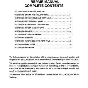 May include: A white document titled MC22, MX28, MC35 REPAIR MANUAL COMPLETE CONTENTS. It lists sections from 00 to 90, including engine, fuel, axle, drive, brake, hydraulic, steering, electrical, and platform systems, with part number 87557971.