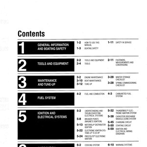 May include: A black and white table of contents page from a technical manual. The text lists six sections: General Information and Boating Safety, Tools and Equipment, Maintenance and Tune-up, Fuel System, Ignition and Electrical Systems, and Lubrication and Cooling.
