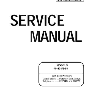 Może przedstawiać: Biała okładka instrukcji serwisowej do silników zaburtowych Mariner i Mercury. Tekst zawiera SERVICE MANUAL, MODELS 40-50-55-60, With Serial Numbers United States 0G531301 and ABOVE, Belgium 09974454 and ABOVE. Printed in U.S.A. 1997, Mercury Marine, 90-852572R1 JANUARY 1998.